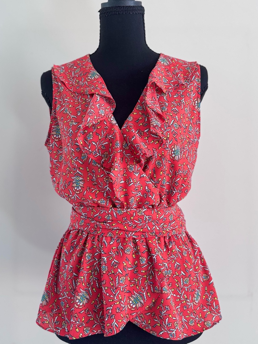 Max Studio Ruffled Neck With Floral Print Red Peplum Blouses